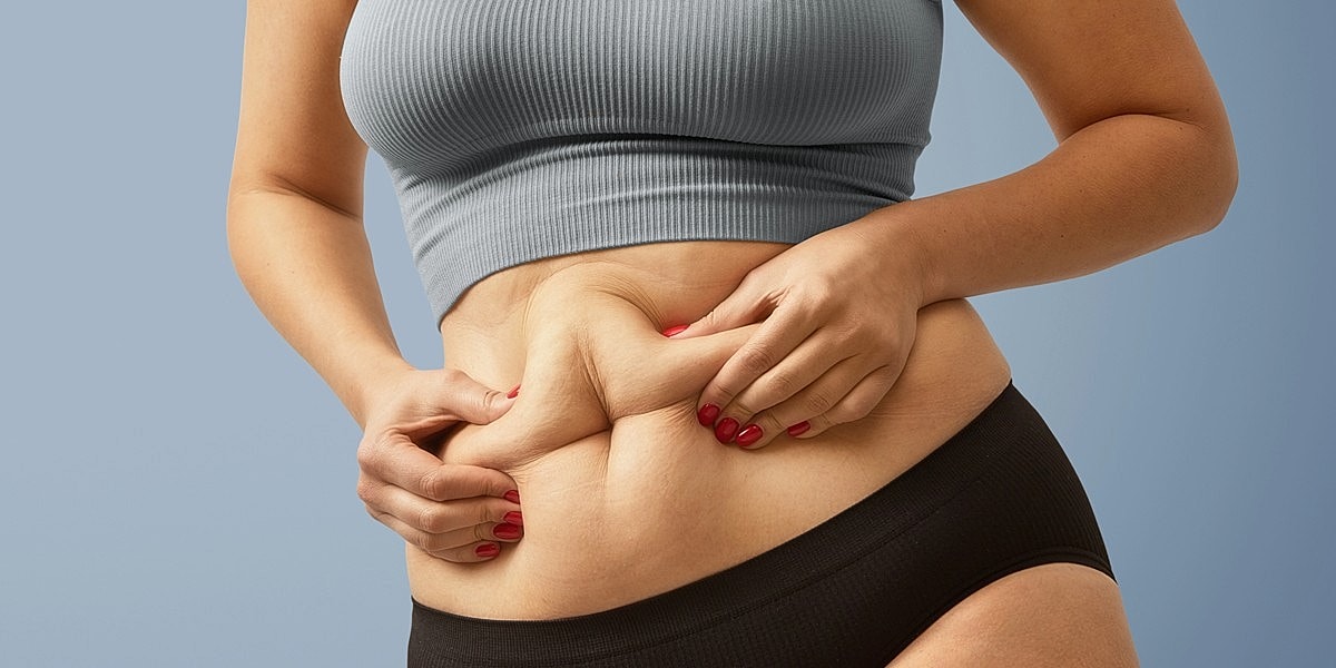 Person touching their abdomen in casual clothing.