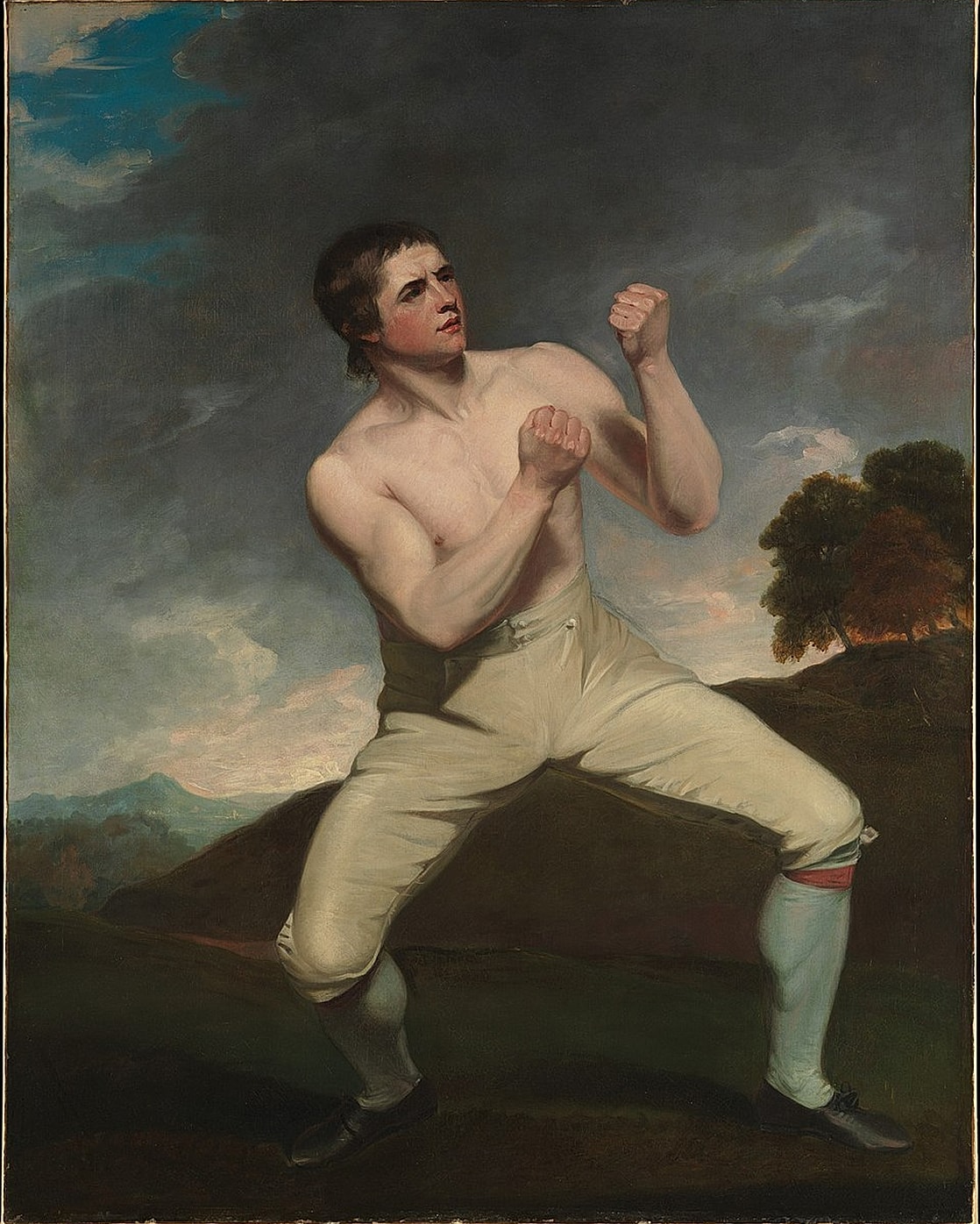 Boxer in a fighting stance, historical painting.